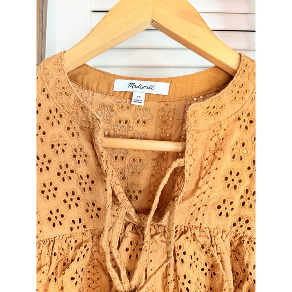 Madewell Eyelet Blouse Womens XS OrangeTie Neck Long Sleeve Top - Picture 3 of 3